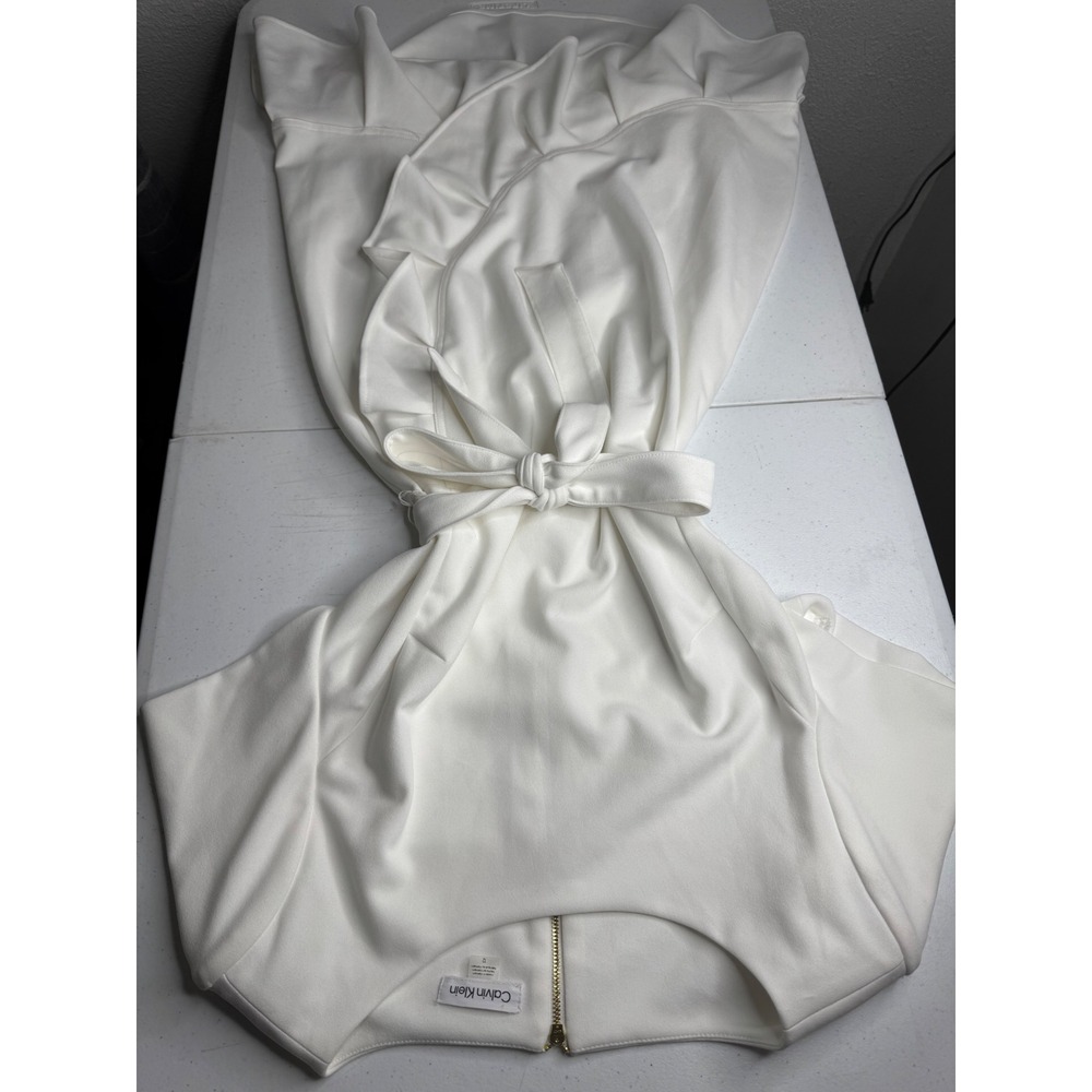 Calvin Klein White Ruffle Tie Waist High Low Scuba Dress Size 12 CD8C16XW - Picture 1 of 10